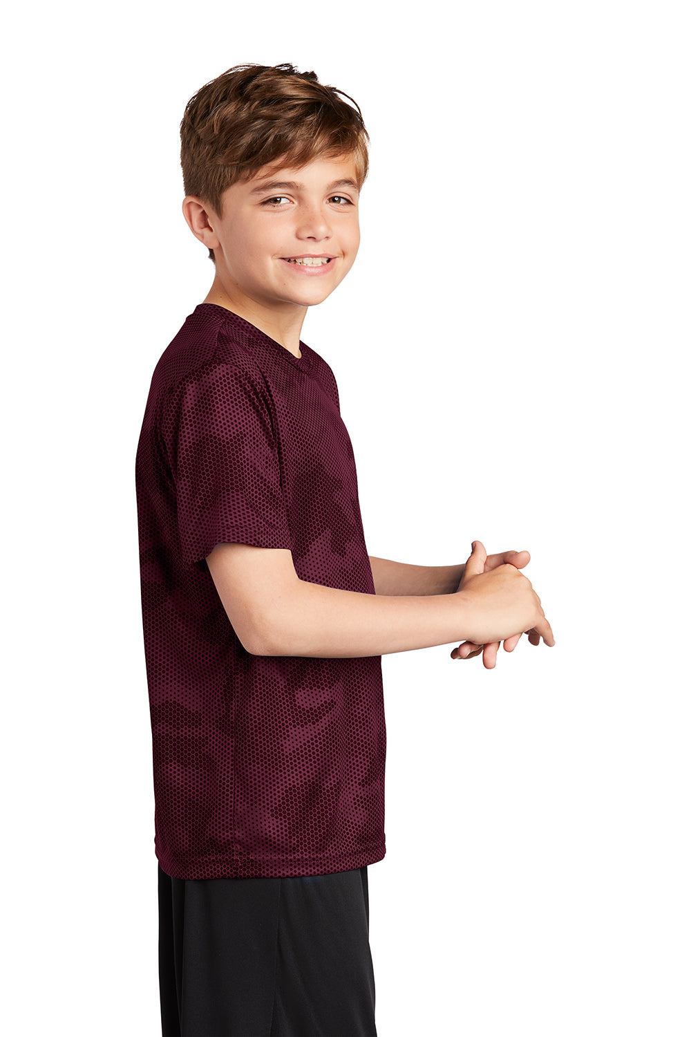 Sport-Tek YST370 Youth CamoHex Moisture Wicking Short Sleeve Crewneck T-Shirt Maroon Model Side