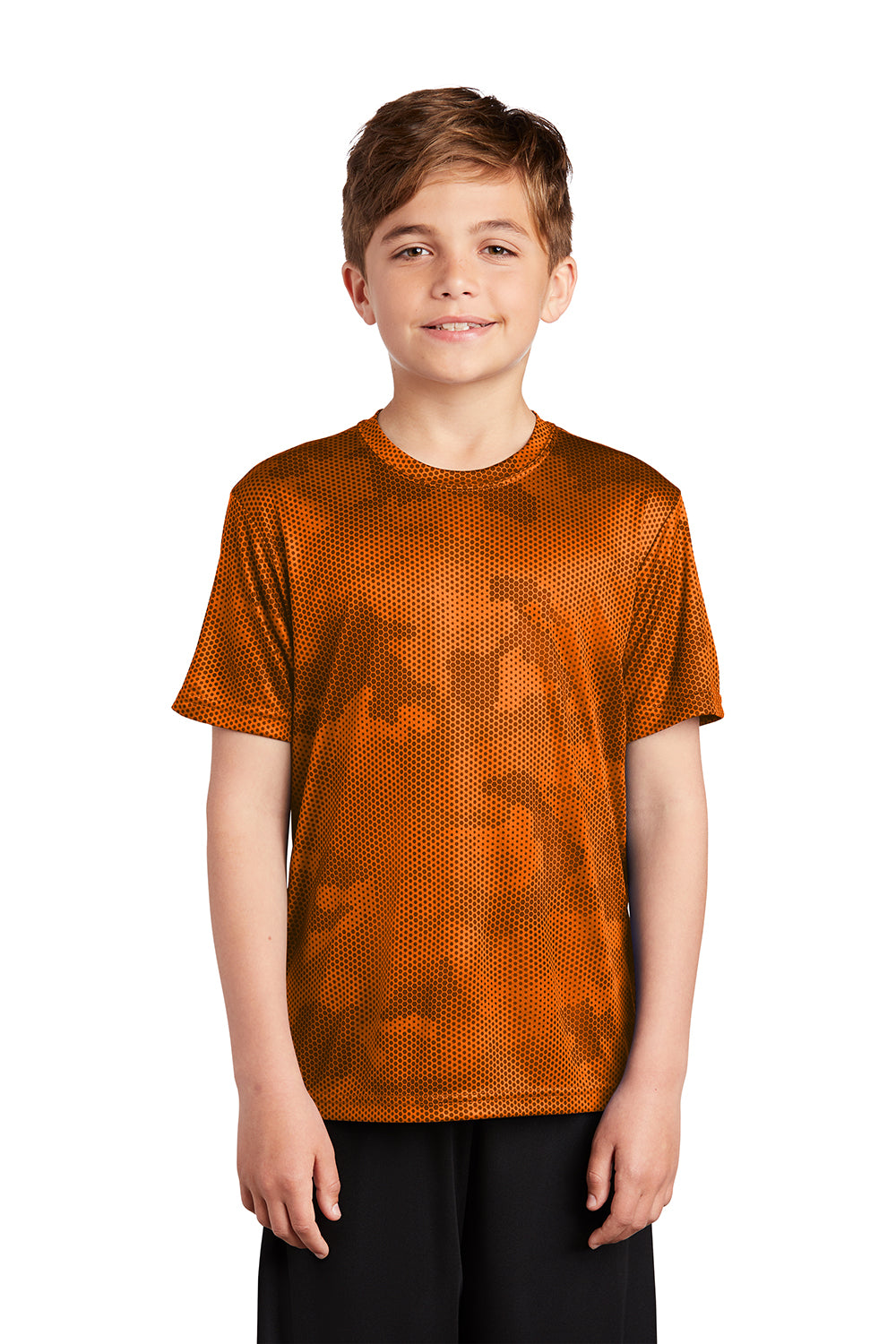 Sport-Tek YST370 Youth CamoHex Moisture Wicking Short Sleeve Crewneck T-Shirt Neon Orange Model Front