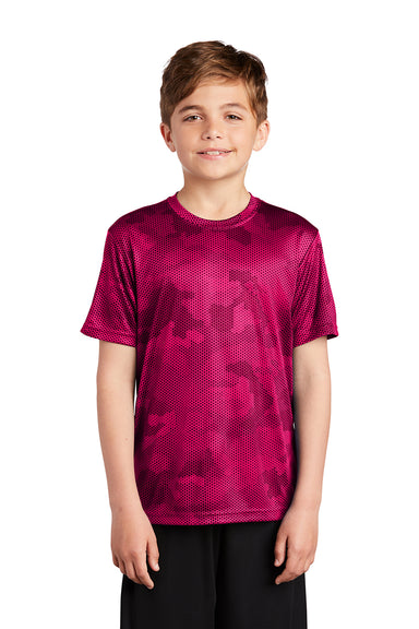 Sport-Tek YST370 Youth CamoHex Moisture Wicking Short Sleeve Crewneck T-Shirt Raspberry Pink Model Front