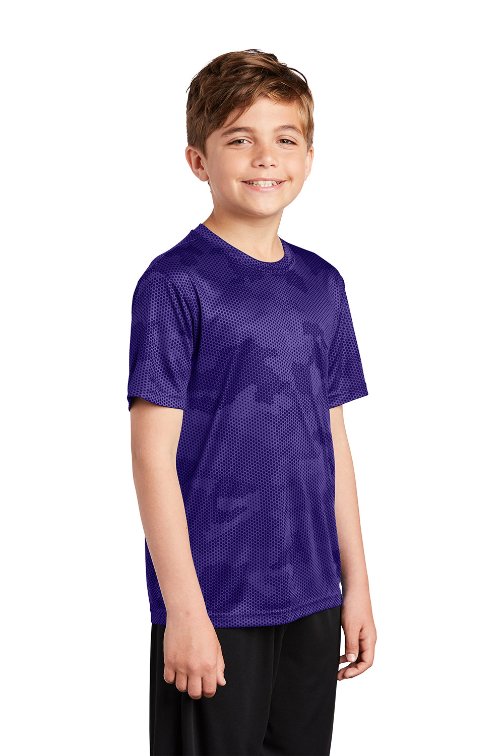 Sport-Tek YST370 Youth CamoHex Moisture Wicking Short Sleeve Crewneck T-Shirt Purple Model 3q