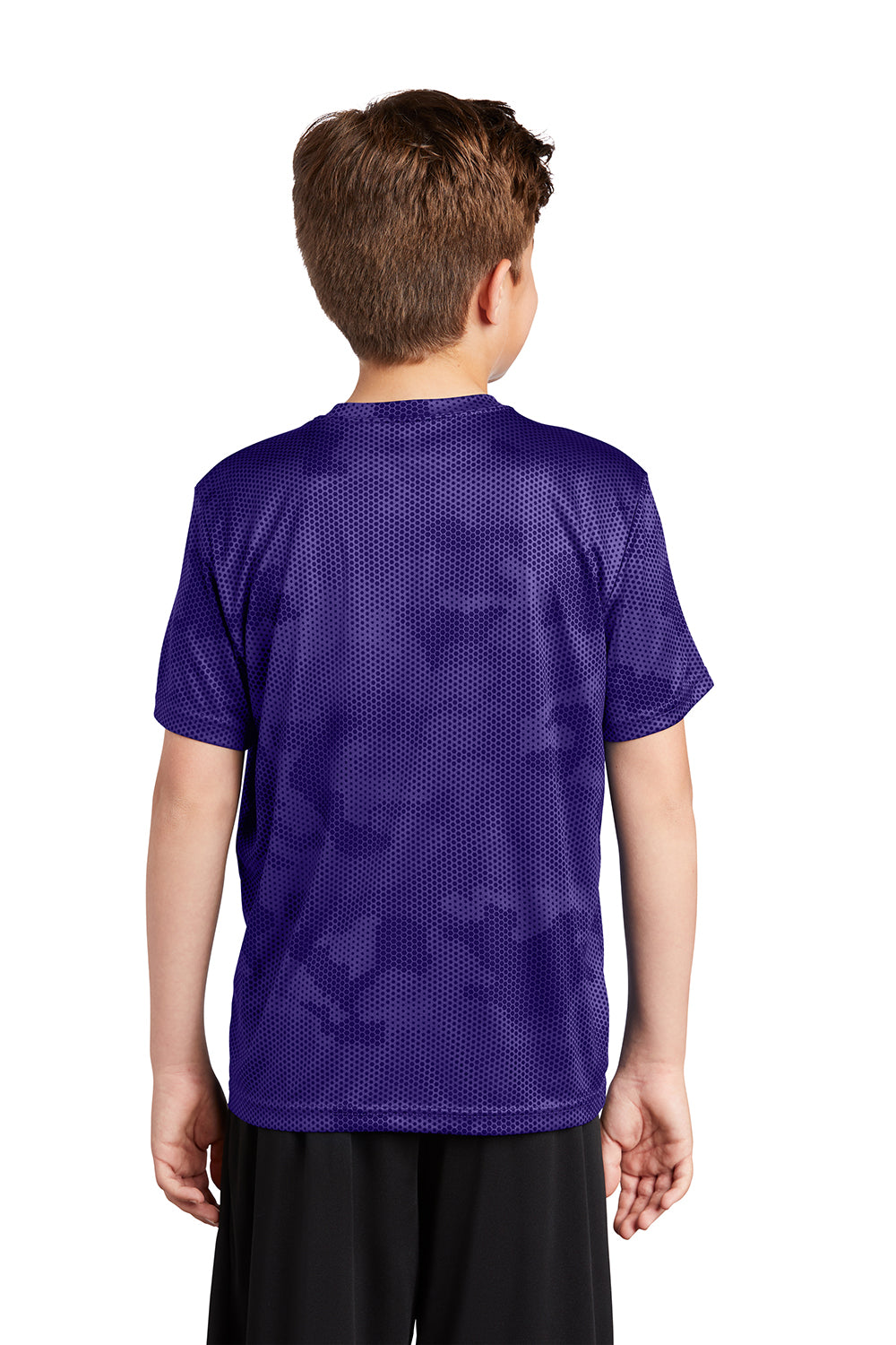 Sport-Tek YST370 Youth CamoHex Moisture Wicking Short Sleeve Crewneck T-Shirt Purple Model Back