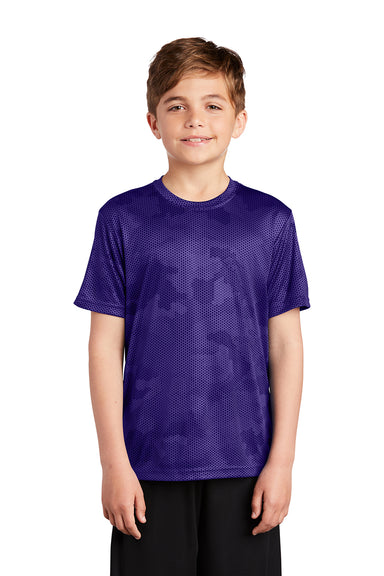 Sport-Tek YST370 Youth CamoHex Moisture Wicking Short Sleeve Crewneck T-Shirt Purple Model Front