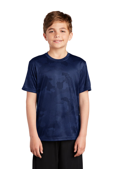 Sport-Tek YST370 Youth CamoHex Moisture Wicking Short Sleeve Crewneck T-Shirt True Navy Blue Model Front