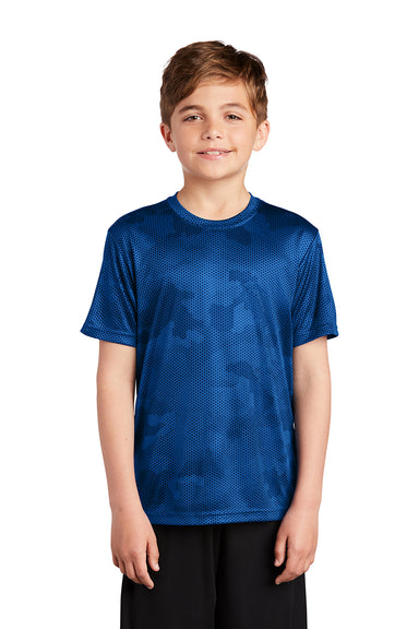 Sport-Tek YST370 Youth CamoHex Moisture Wicking Short Sleeve Crewneck T-Shirt True Royal Blue Model Front