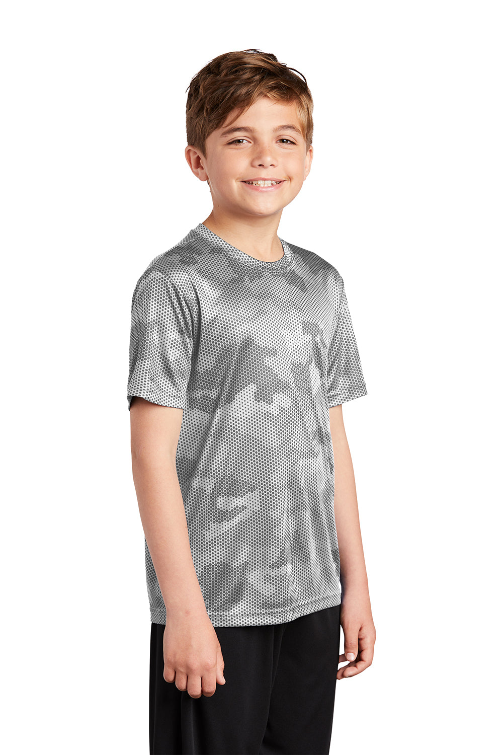 Sport-Tek YST370 Youth CamoHex Moisture Wicking Short Sleeve Crewneck T-Shirt White Model 3q