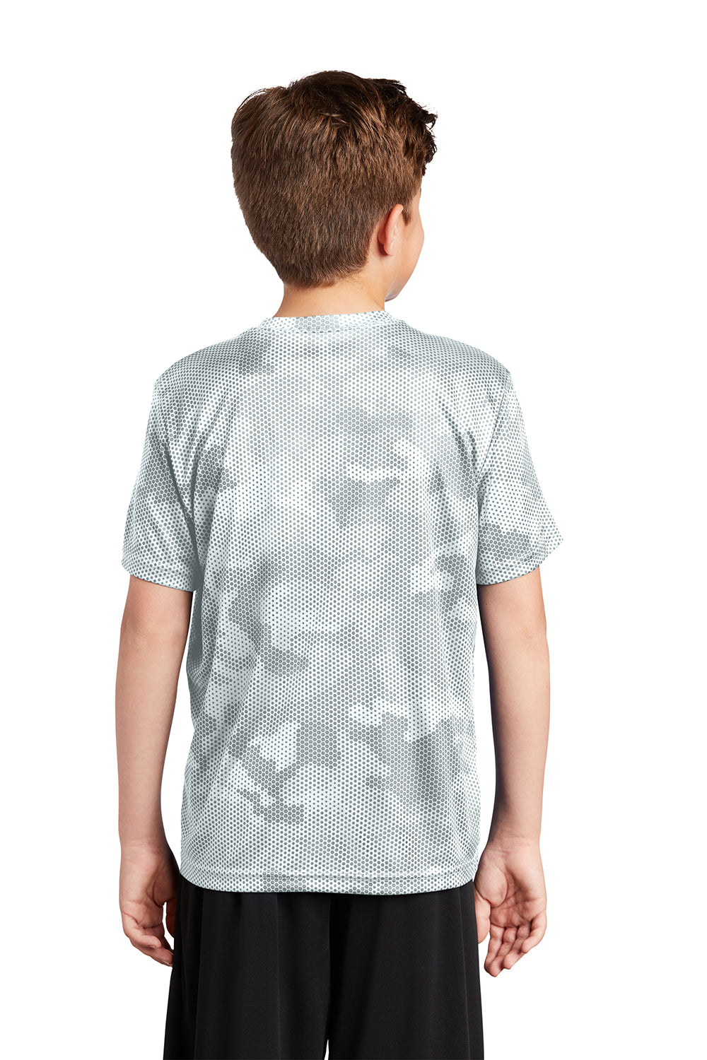 Sport-Tek YST370 Youth CamoHex Moisture Wicking Short Sleeve Crewneck T-Shirt White Model Back