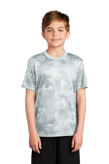 Sport-Tek YST370 Youth CamoHex Moisture Wicking Short Sleeve Crewneck T-Shirt White Model Front