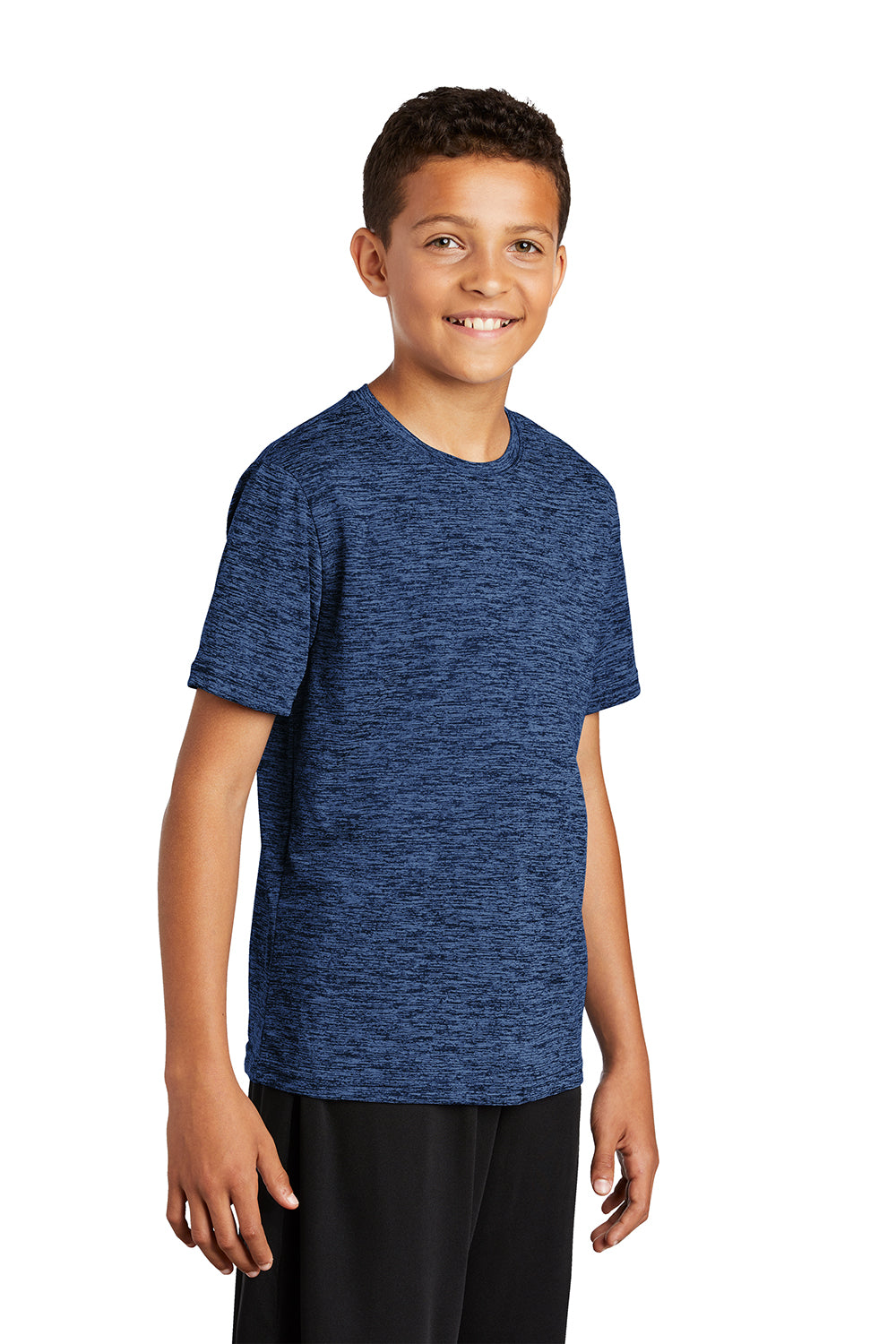 Sport-Tek YST390 Youth Electric Heather Moisture Wicking Short Sleeve Crewneck T-Shirt Carolina Blue True Navy Blue Electric Model 3q