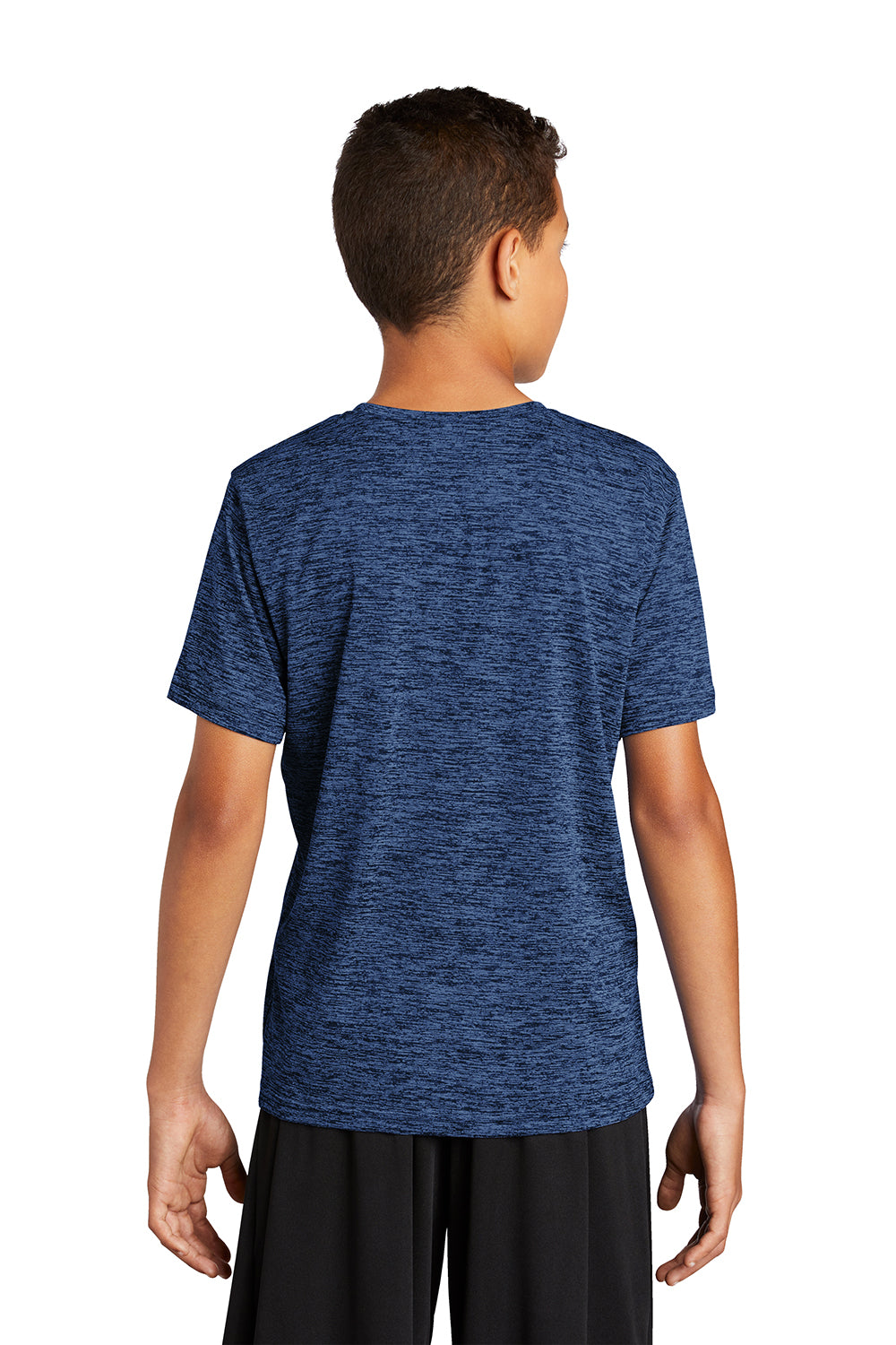 Sport-Tek YST390 Youth Electric Heather Moisture Wicking Short Sleeve Crewneck T-Shirt Carolina Blue True Navy Blue Electric Model Back