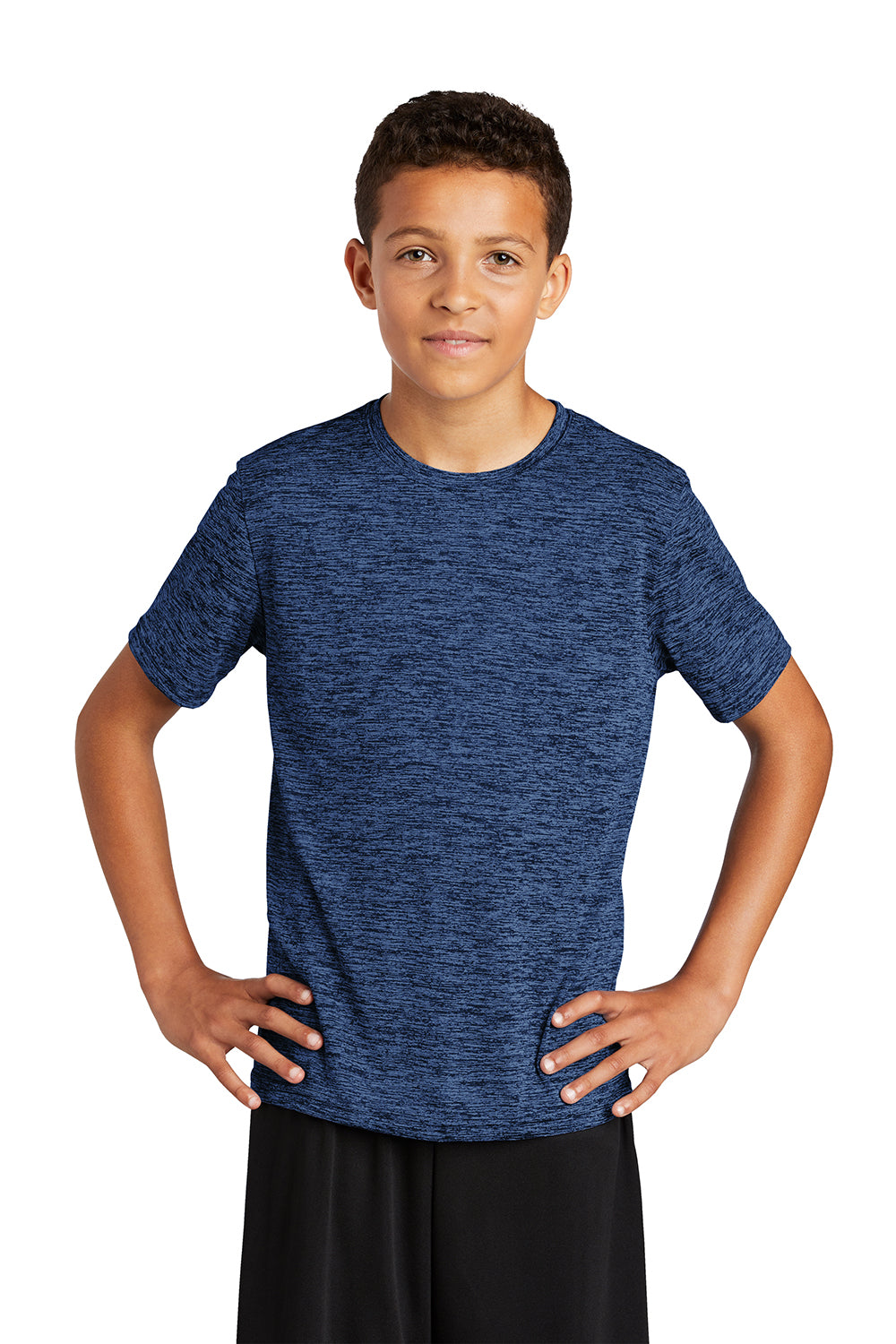 Sport-Tek YST390 Youth Electric Heather Moisture Wicking Short Sleeve Crewneck T-Shirt Carolina Blue True Navy Blue Electric Model Front