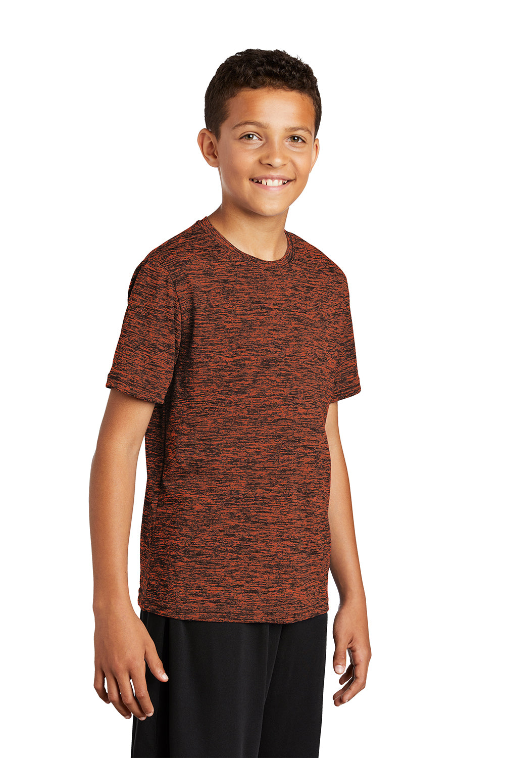 Sport-Tek YST390 Youth Electric Heather Moisture Wicking Short Sleeve Crewneck T-Shirt Deep Orange Black Electric Model 3q