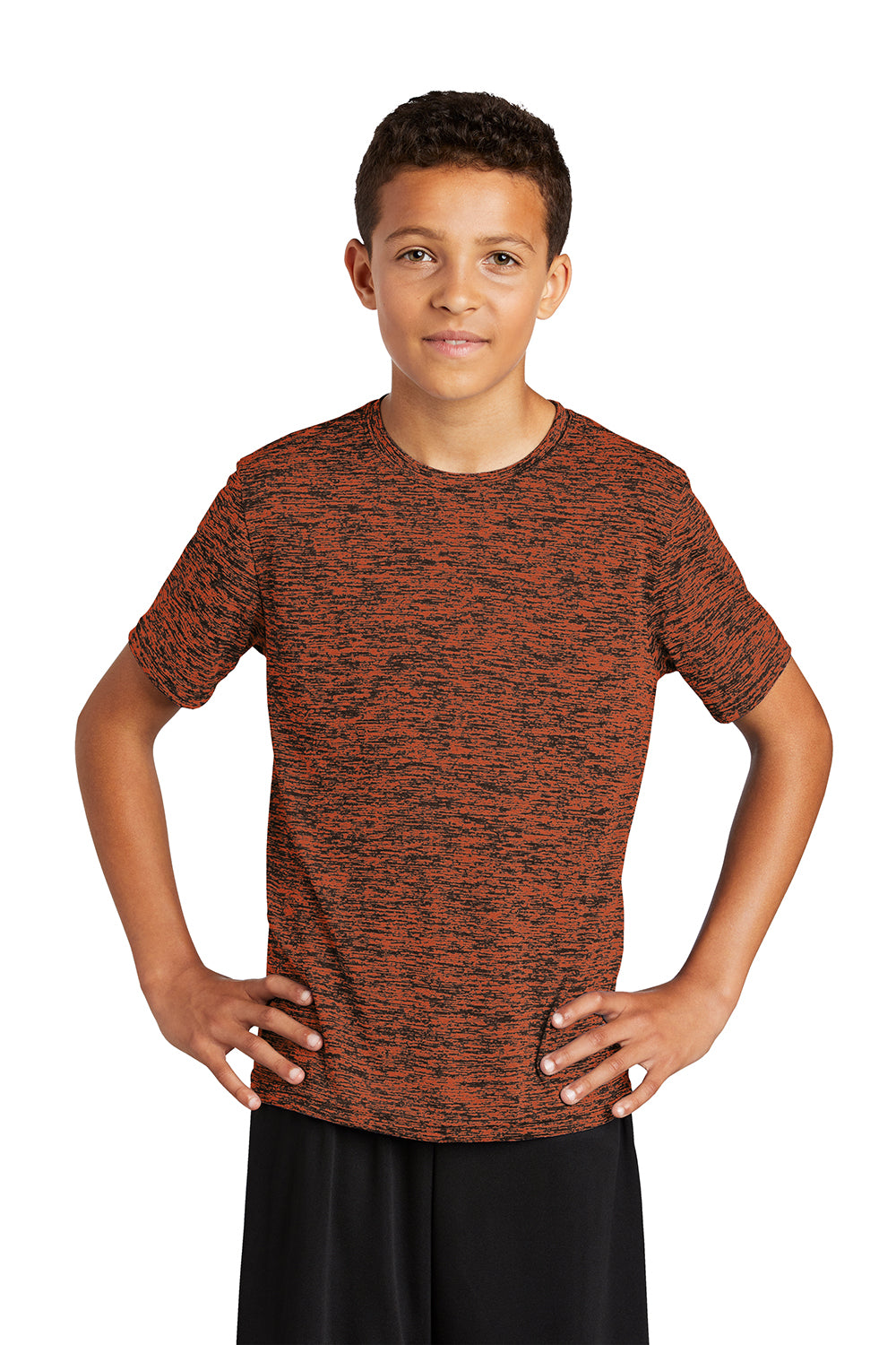 Sport-Tek YST390 Youth Electric Heather Moisture Wicking Short Sleeve Crewneck T-Shirt Deep Orange Black Electric Model Front