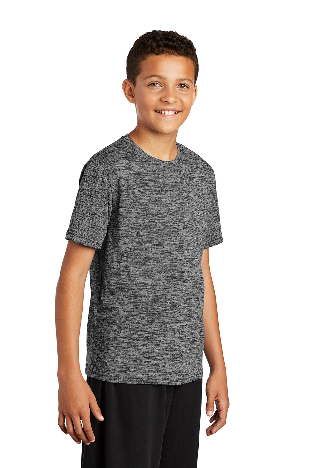 Sport-Tek YST390 Youth Electric Heather Moisture Wicking Short Sleeve Crewneck T-Shirt Grey Black Electric Model 3q