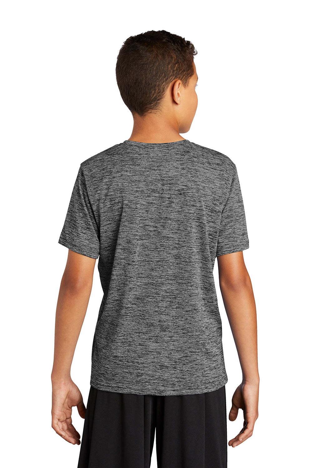 Sport-Tek YST390 Youth Electric Heather Moisture Wicking Short Sleeve Crewneck T-Shirt Grey Black Electric Model Back