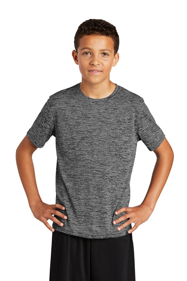 Sport-Tek YST390 Youth Electric Heather Moisture Wicking Short Sleeve Crewneck T-Shirt Grey Black Electric Model Front