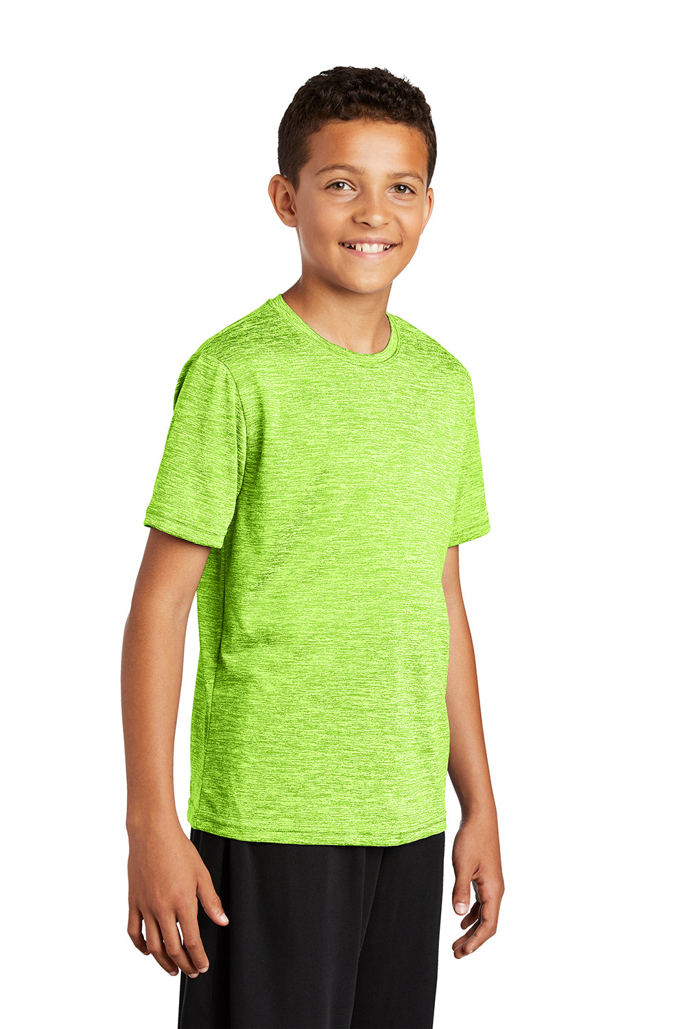 Sport-Tek YST390 Youth Electric Heather Moisture Wicking Short Sleeve Crewneck T-Shirt Lime Shock Green Electric Model 3q