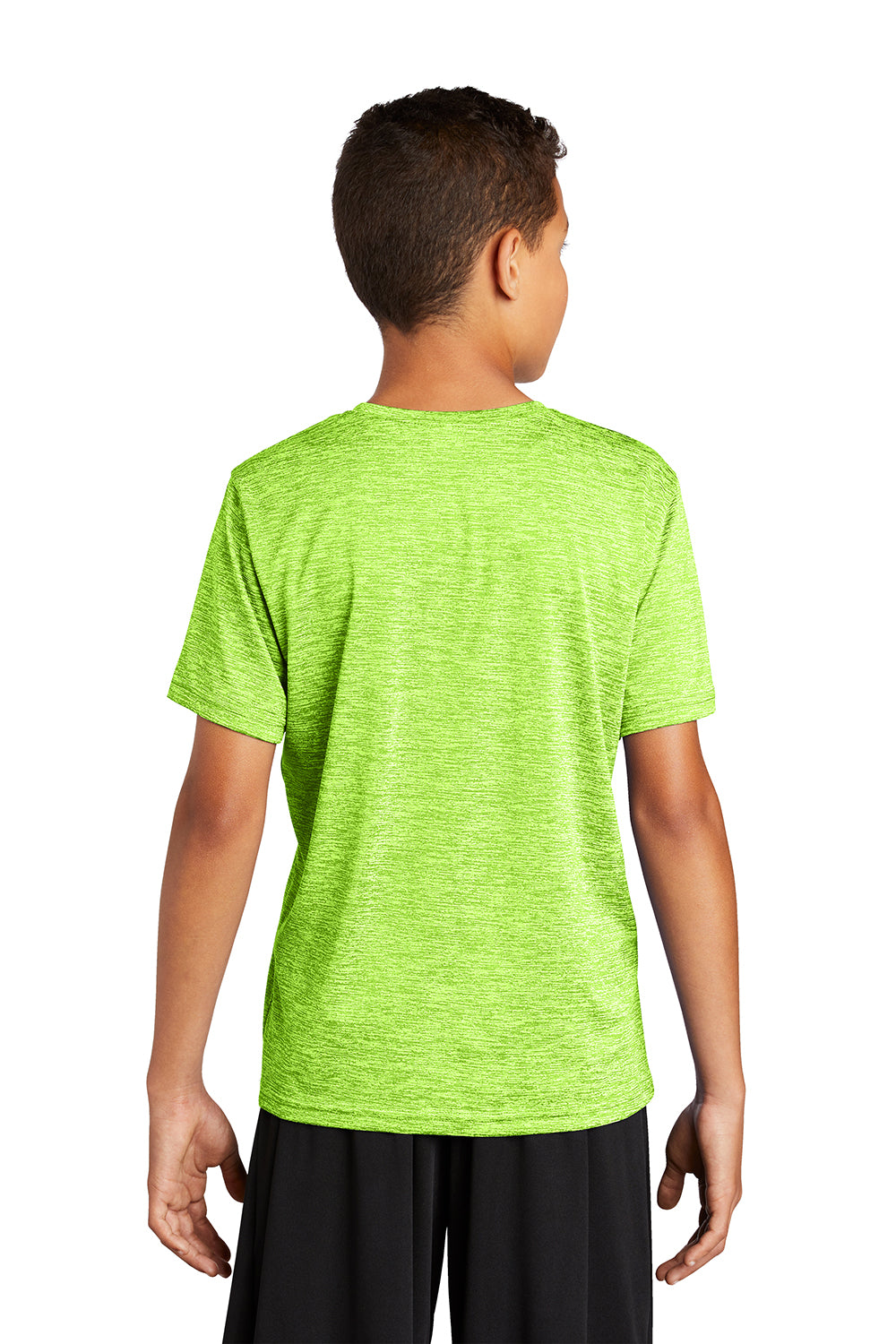 Sport-Tek YST390 Youth Electric Heather Moisture Wicking Short Sleeve Crewneck T-Shirt Lime Shock Green Electric Model Back