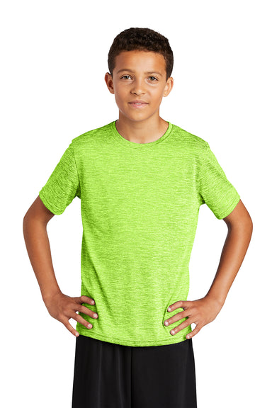 Sport-Tek YST390 Youth Electric Heather Moisture Wicking Short Sleeve Crewneck T-Shirt Lime Shock Green Electric Model Front