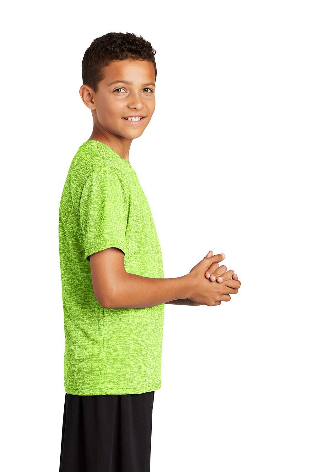 Sport-Tek YST390 Youth Electric Heather Moisture Wicking Short Sleeve Crewneck T-Shirt Lime Shock Green Electric Model Side