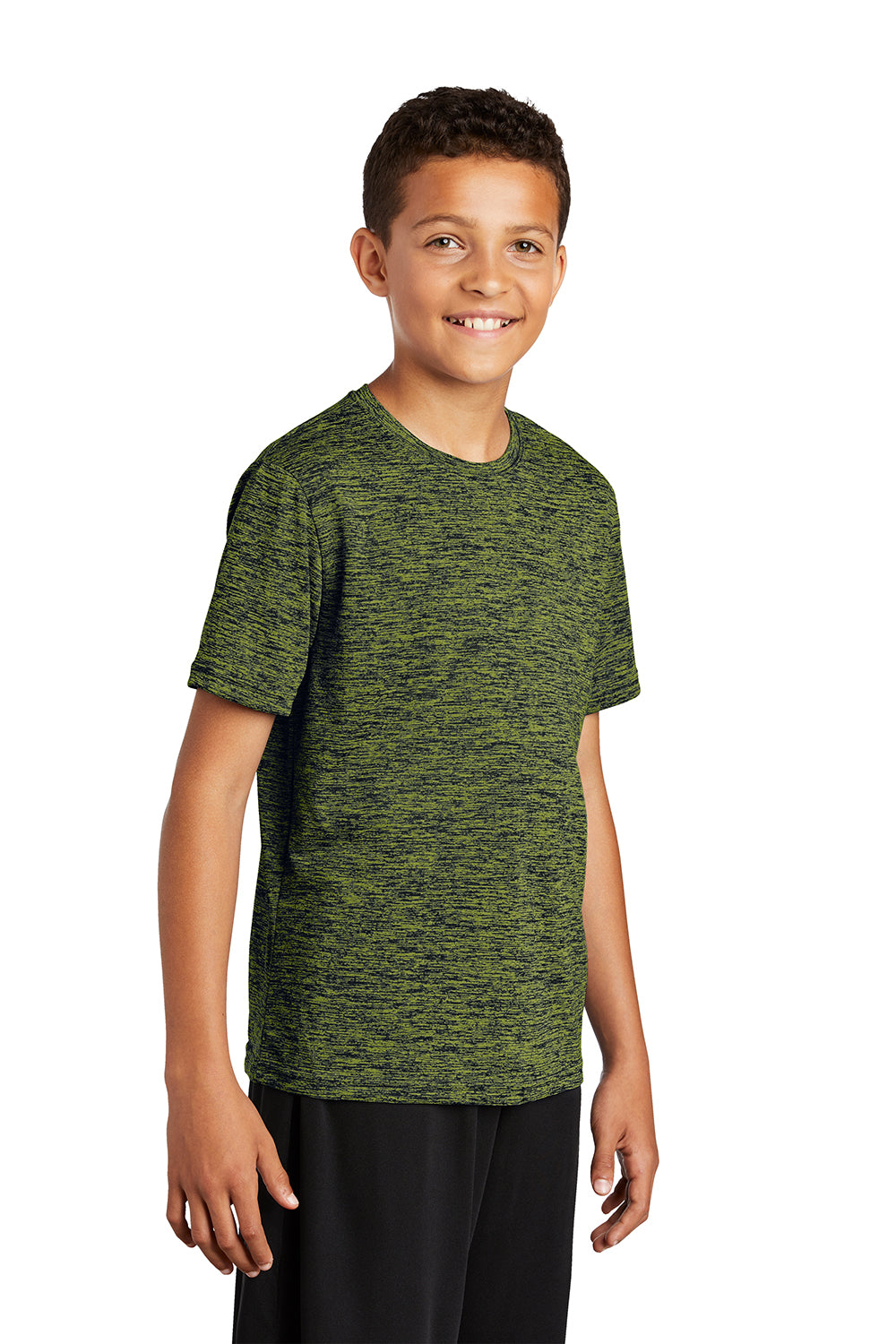 Sport-Tek YST390 Youth Electric Heather Moisture Wicking Short Sleeve Crewneck T-Shirt Lime Shock Green True Navy Blue Electric Model 3q