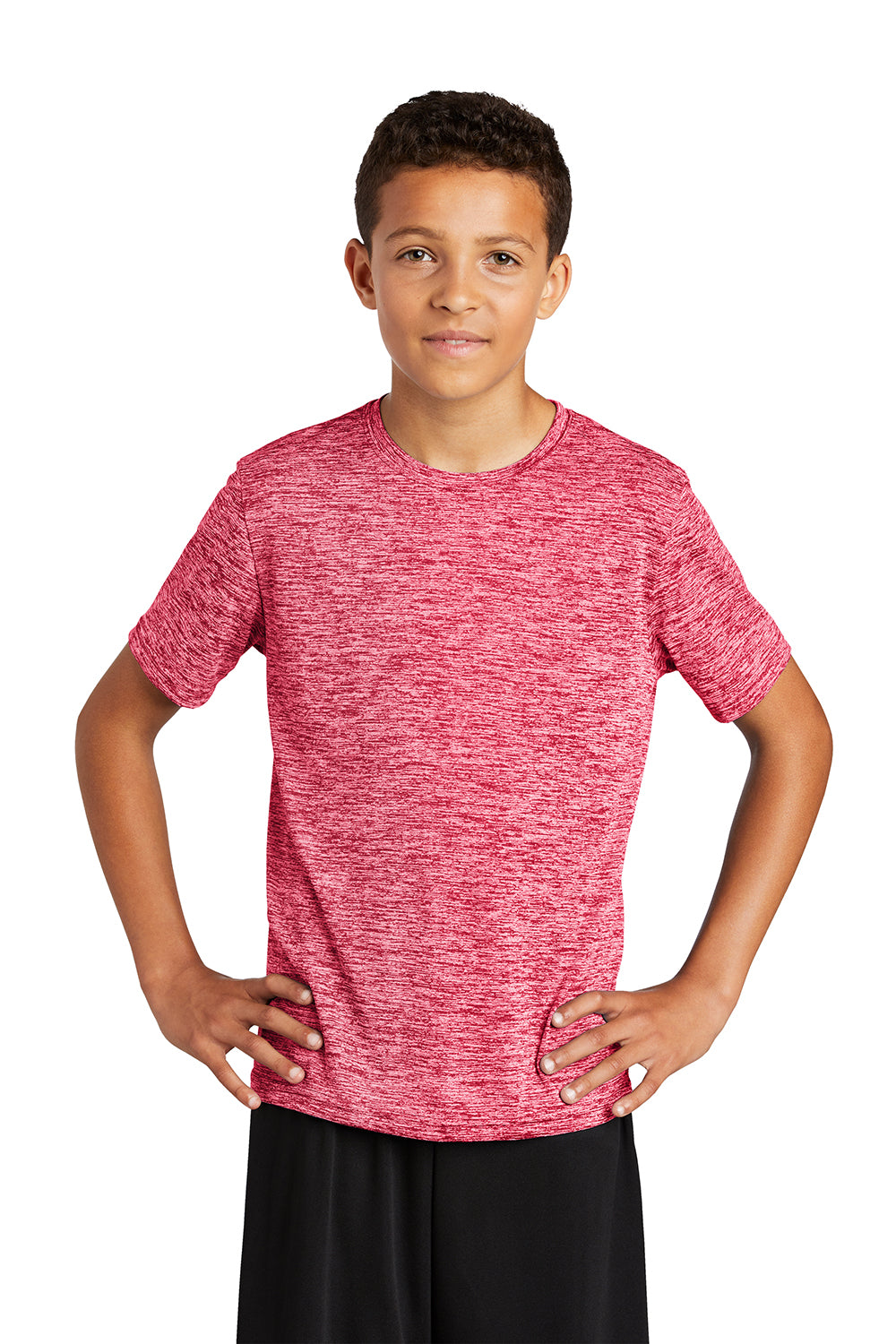 Sport-Tek YST390 Youth Electric Heather Moisture Wicking Short Sleeve Crewneck T-Shirt Power Pink Electric Model Front