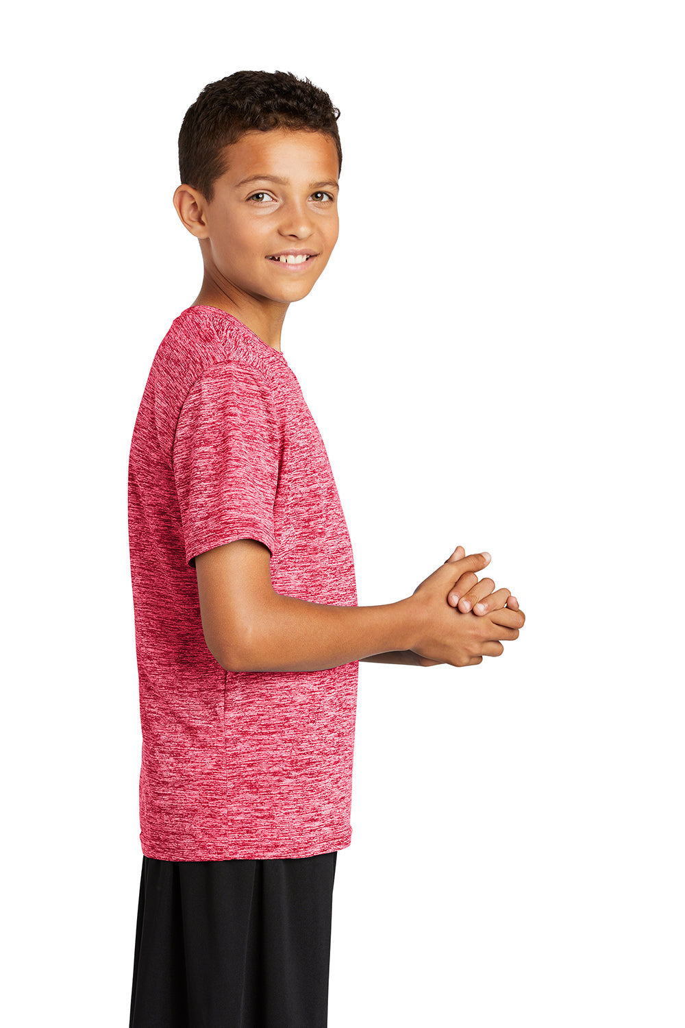 Sport-Tek YST390 Youth Electric Heather Moisture Wicking Short Sleeve Crewneck T-Shirt Power Pink Electric Model Side