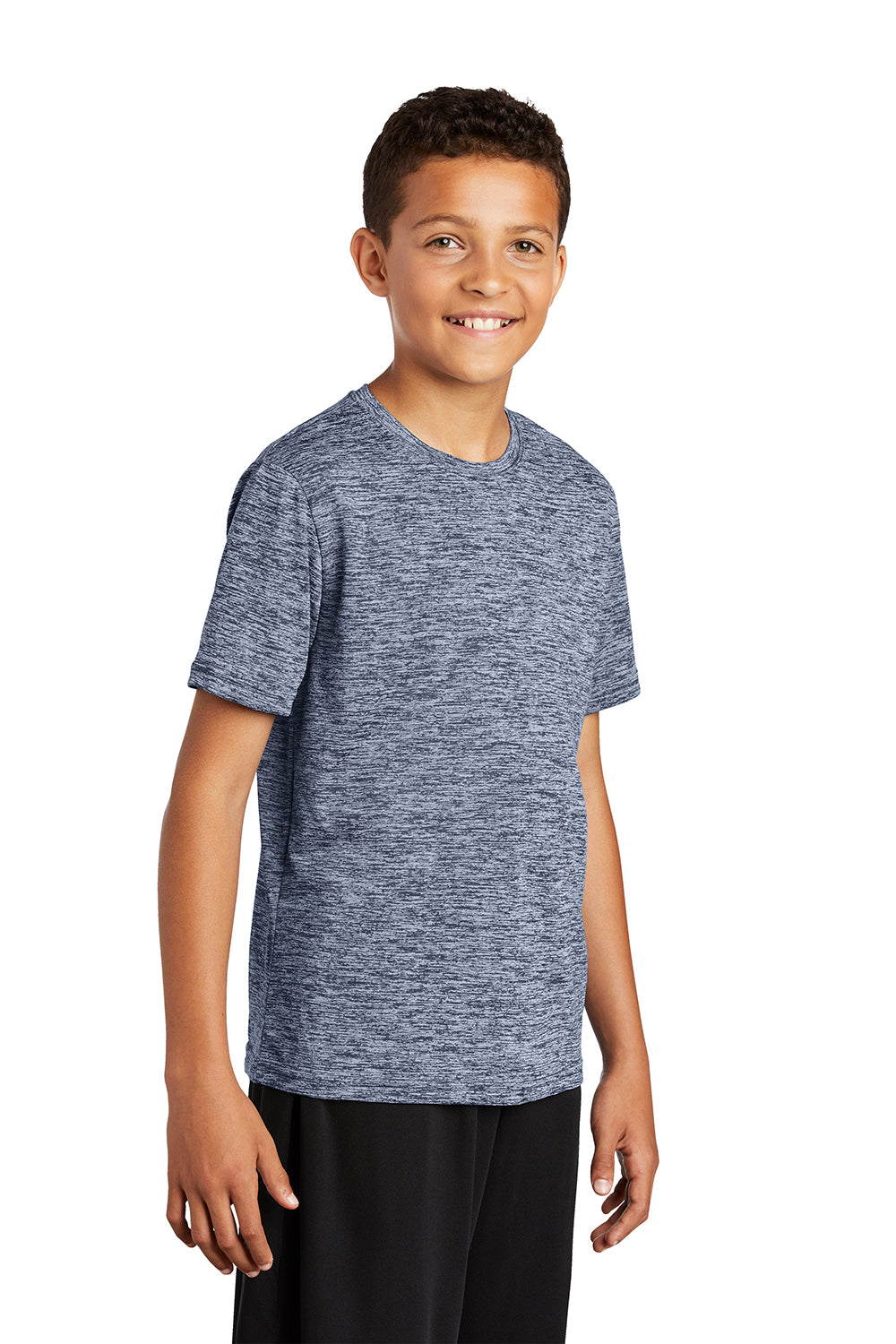 Sport-Tek YST390 Youth Electric Heather Moisture Wicking Short Sleeve Crewneck T-Shirt True Navy Blue Electric Model 3q