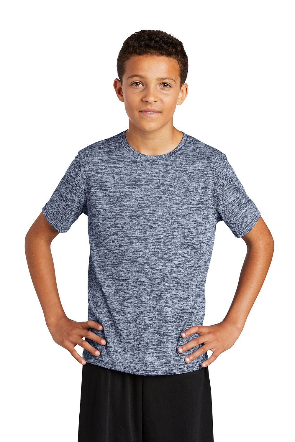 Sport-Tek YST390 Youth Electric Heather Moisture Wicking Short Sleeve Crewneck T-Shirt True Navy Blue Electric Model Front