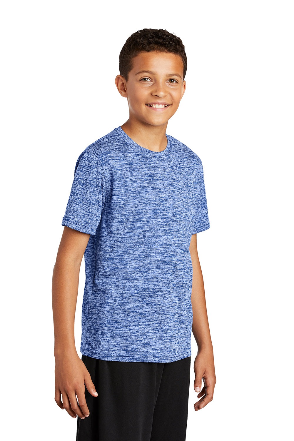 Sport-Tek YST390 Youth Electric Heather Moisture Wicking Short Sleeve Crewneck T-Shirt True Royal Blue Electric Model 3q