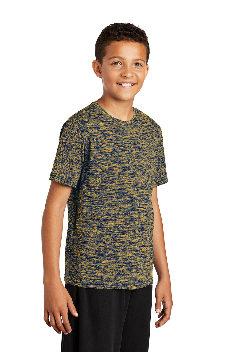 Sport-Tek YST390 Youth Electric Heather Moisture Wicking Short Sleeve Crewneck T-Shirt True Royal Blue Gold Electric Model 3q