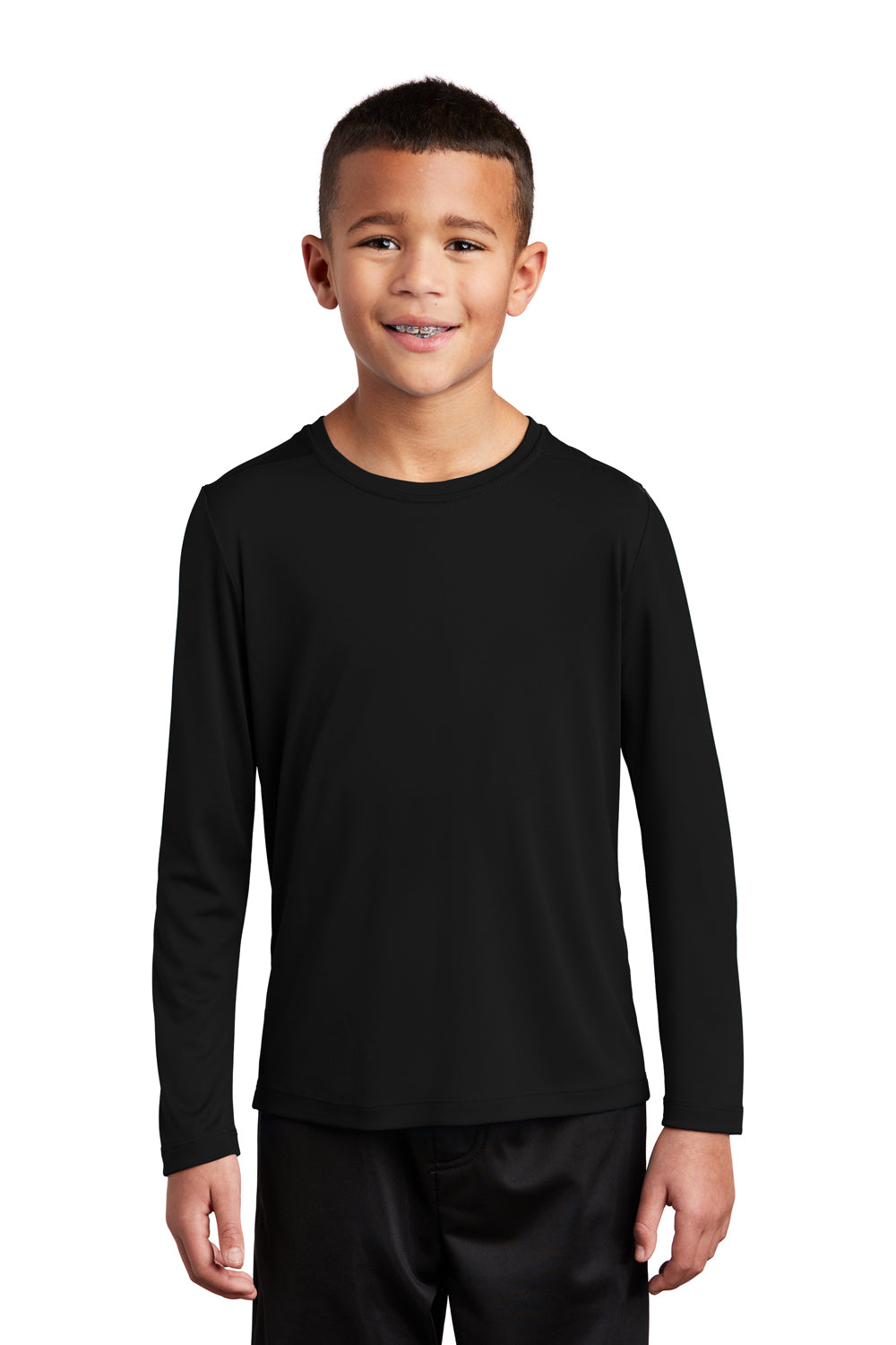 Sport-Tek YST420LS Youth Moisture Wicking Long Sleeve Crewneck T-Shirt Black Model Front