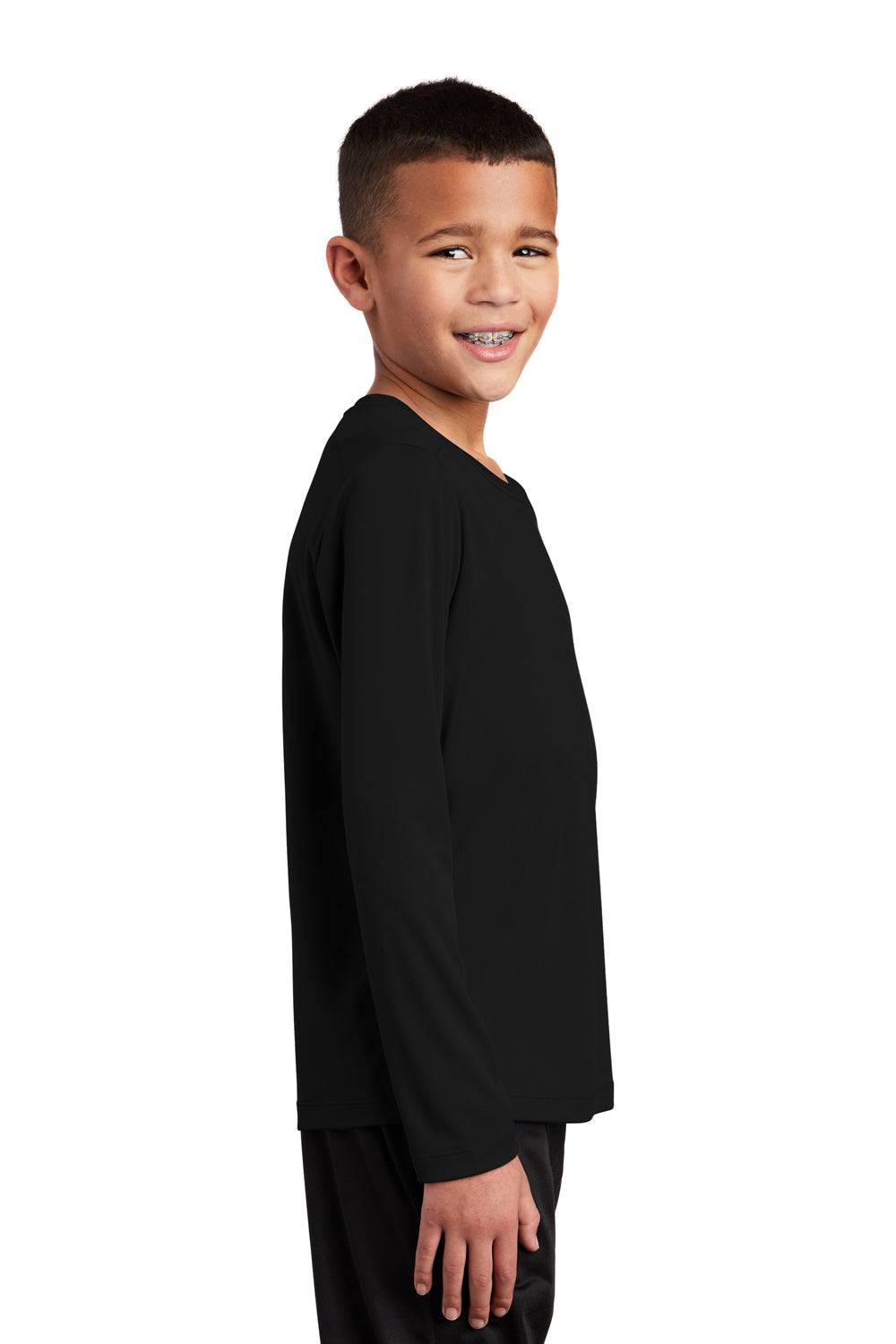 Sport-Tek YST420LS Youth Moisture Wicking Long Sleeve Crewneck T-Shirt Black Model Side