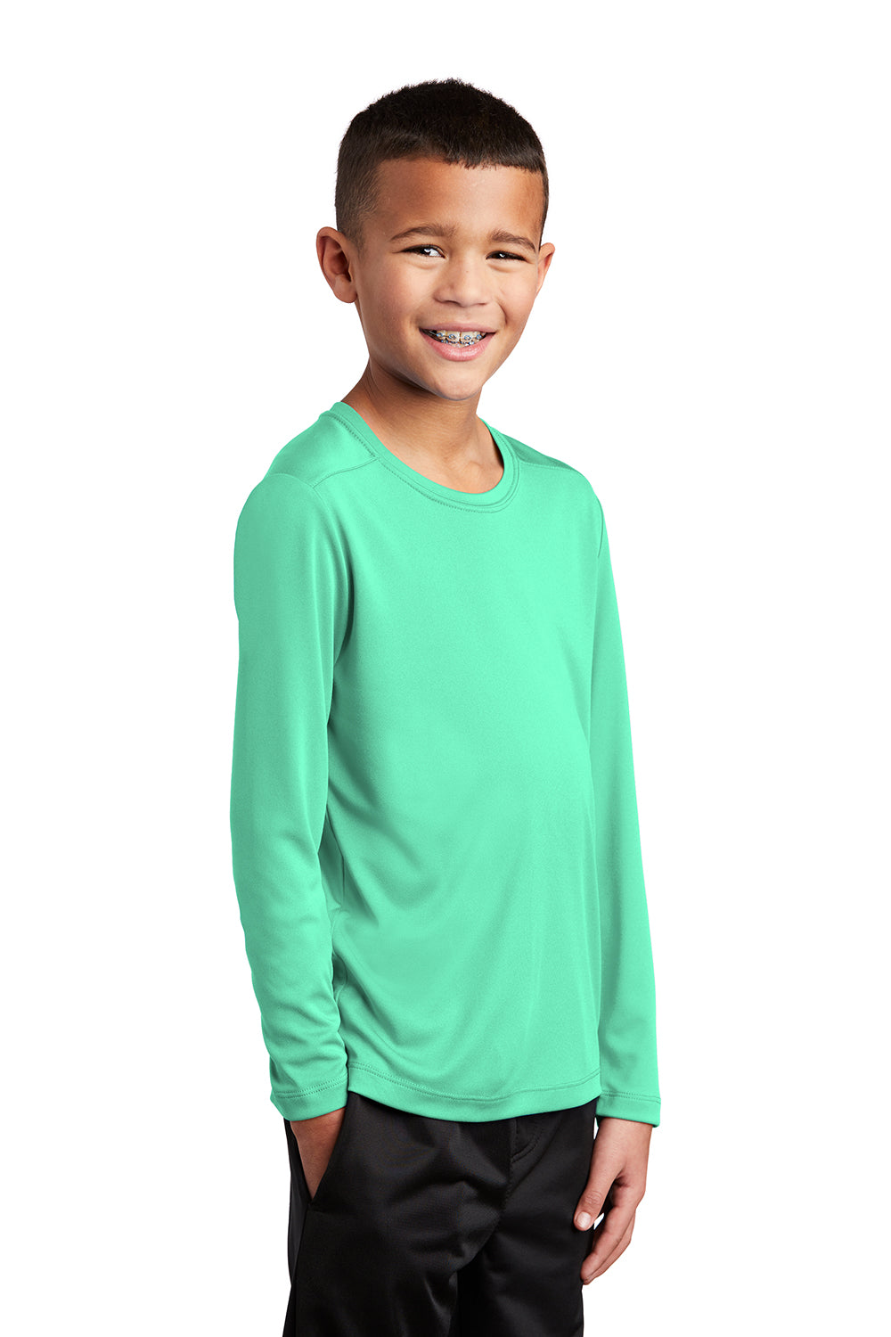 Sport-Tek YST420LS Youth Moisture Wicking Long Sleeve Crewneck T-Shirt Bright Seafoam Green Model 3q