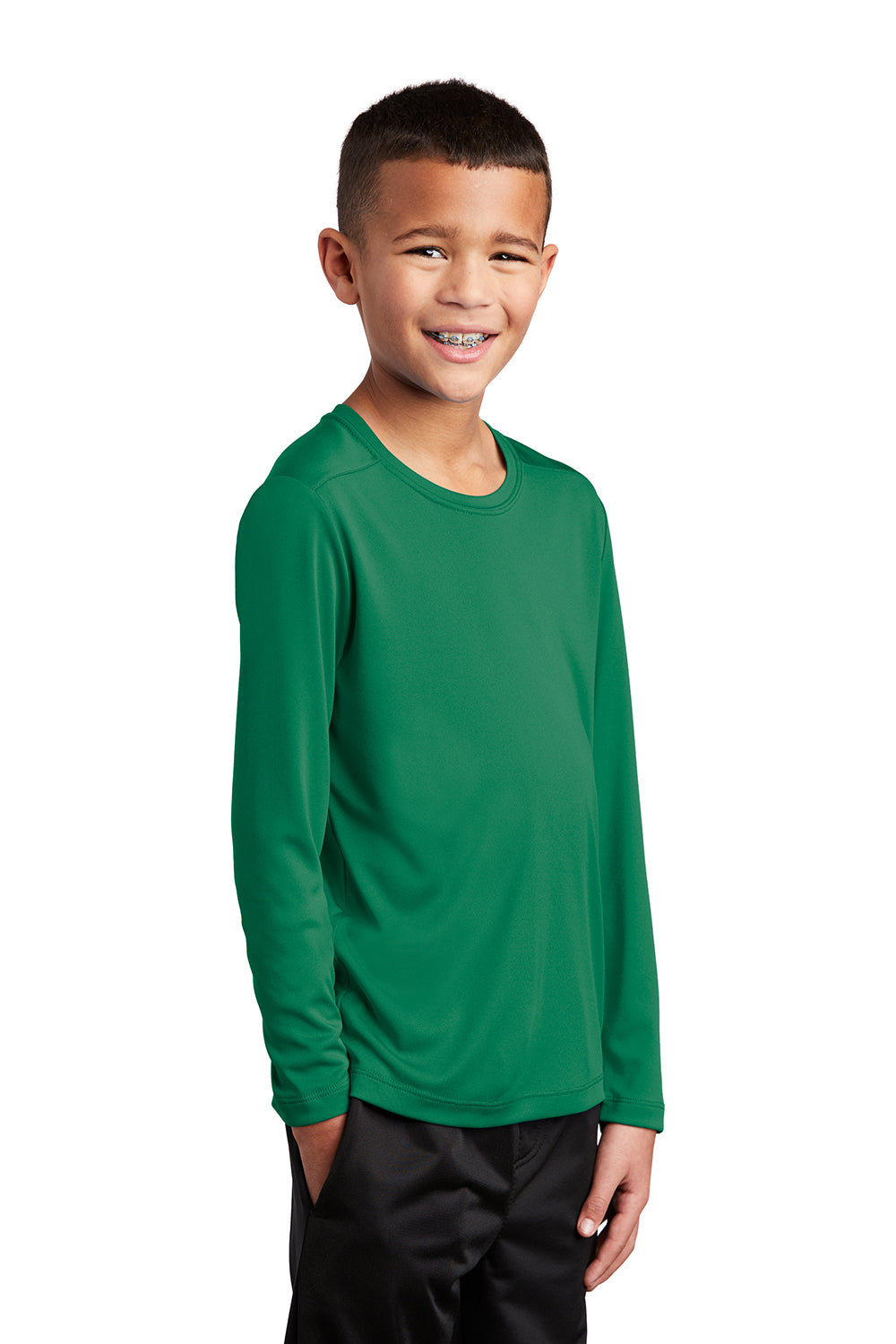 Sport-Tek YST420LS Youth Moisture Wicking Long Sleeve Crewneck T-Shirt Kelly Green Model 3q