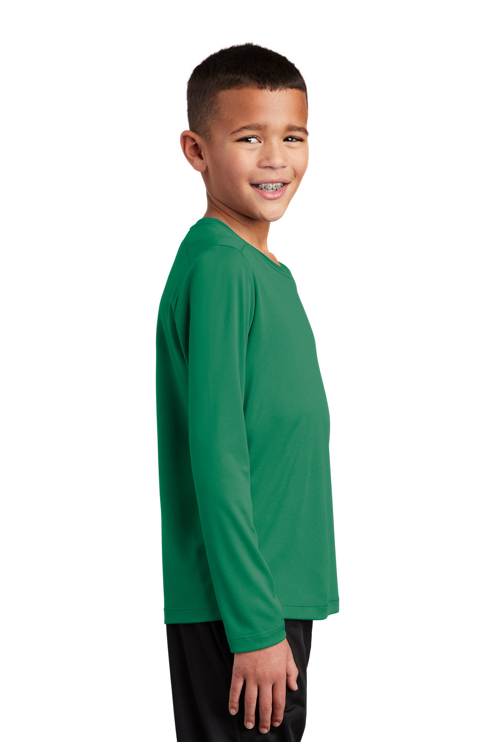 Sport-Tek YST420LS Youth Moisture Wicking Long Sleeve Crewneck T-Shirt Kelly Green Model Side