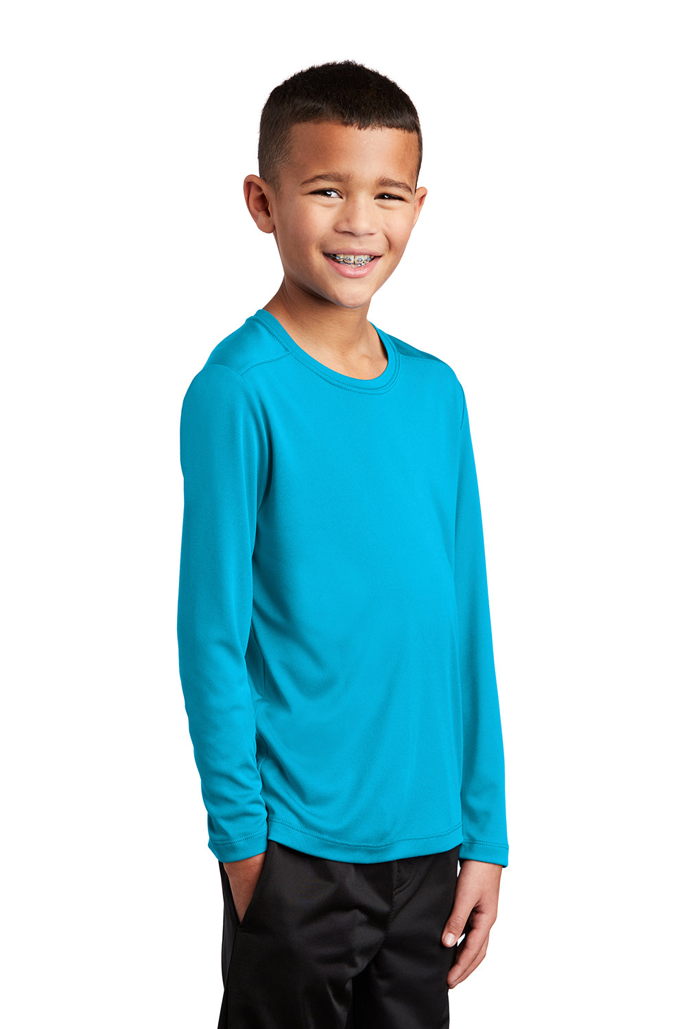 Sport-Tek YST420LS Youth Moisture Wicking Long Sleeve Crewneck T-Shirt Sapphire Blue Model 3q