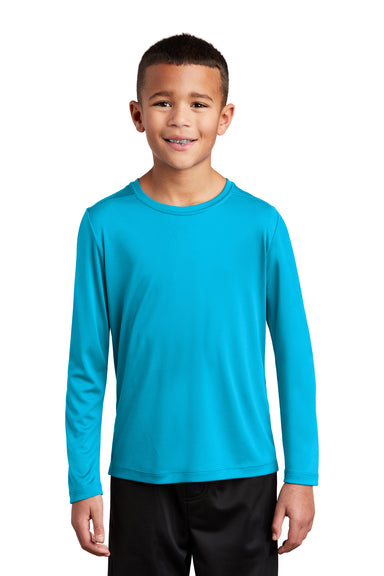 Sport-Tek YST420LS Youth Moisture Wicking Long Sleeve Crewneck T-Shirt Sapphire Blue Model Front