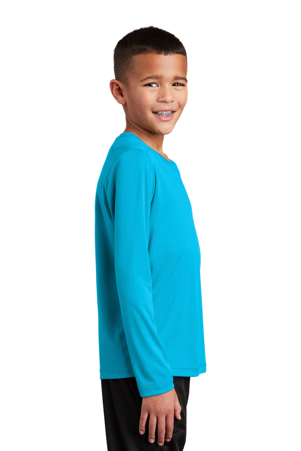 Sport-Tek YST420LS Youth Moisture Wicking Long Sleeve Crewneck T-Shirt Sapphire Blue Model Side