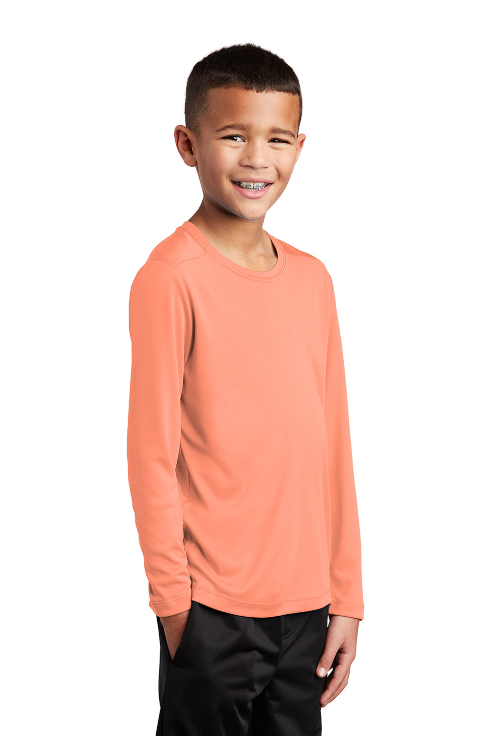 Sport-Tek YST420LS Youth Moisture Wicking Long Sleeve Crewneck T-Shirt Soft Coral Orange Model 3q