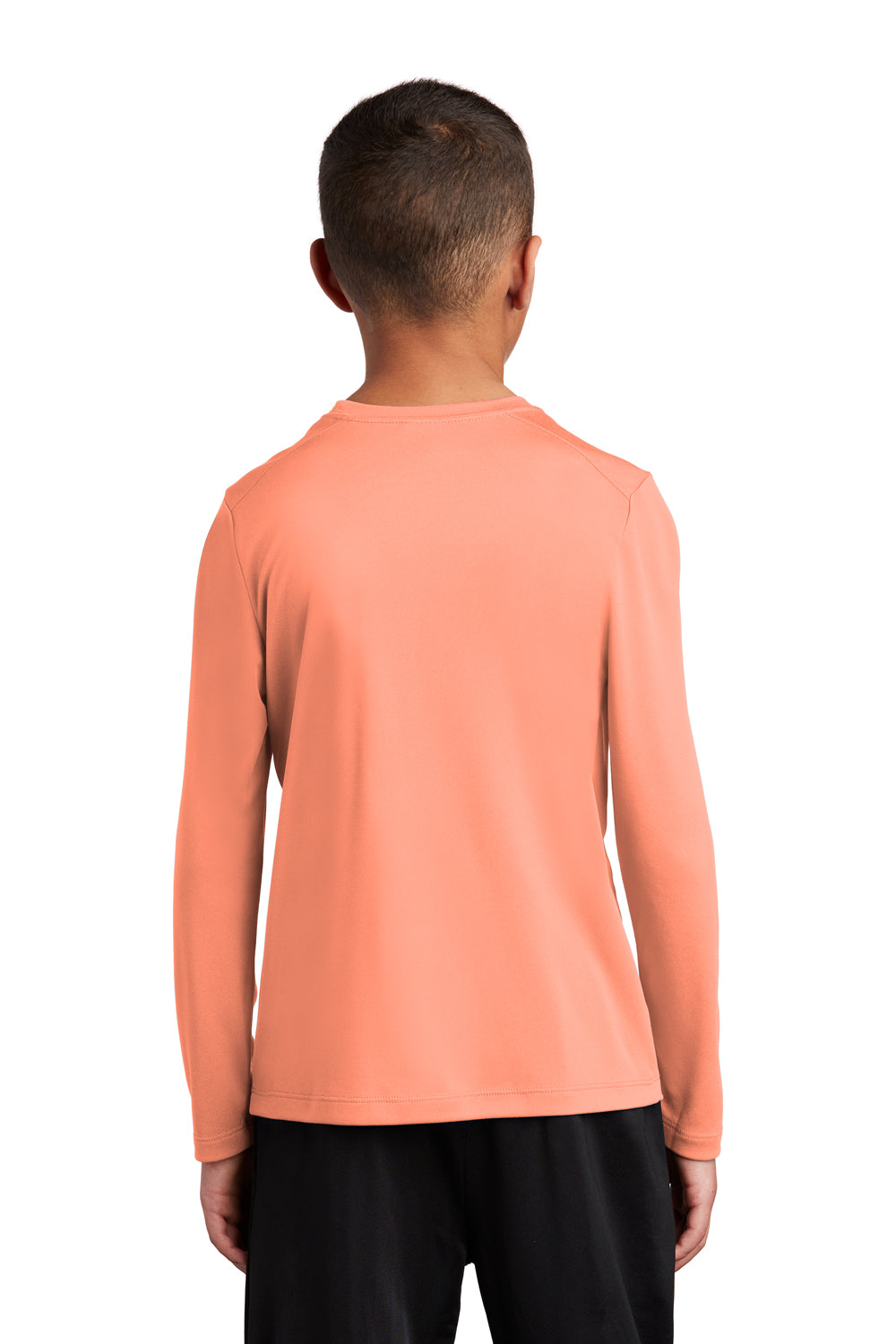 Sport-Tek YST420LS Youth Moisture Wicking Long Sleeve Crewneck T-Shirt Soft Coral Orange Model Back