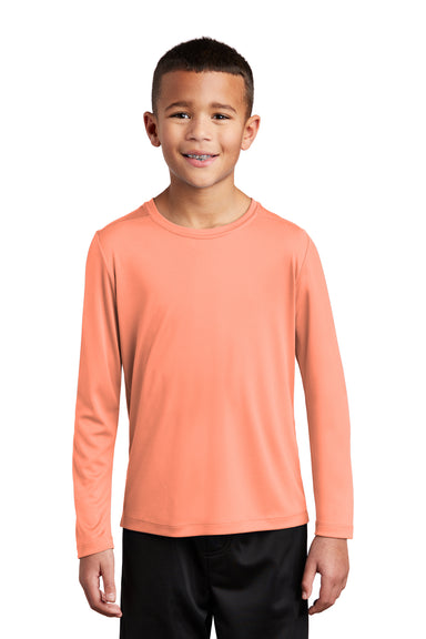 Sport-Tek YST420LS Youth Moisture Wicking Long Sleeve Crewneck T-Shirt Soft Coral Orange Model Front