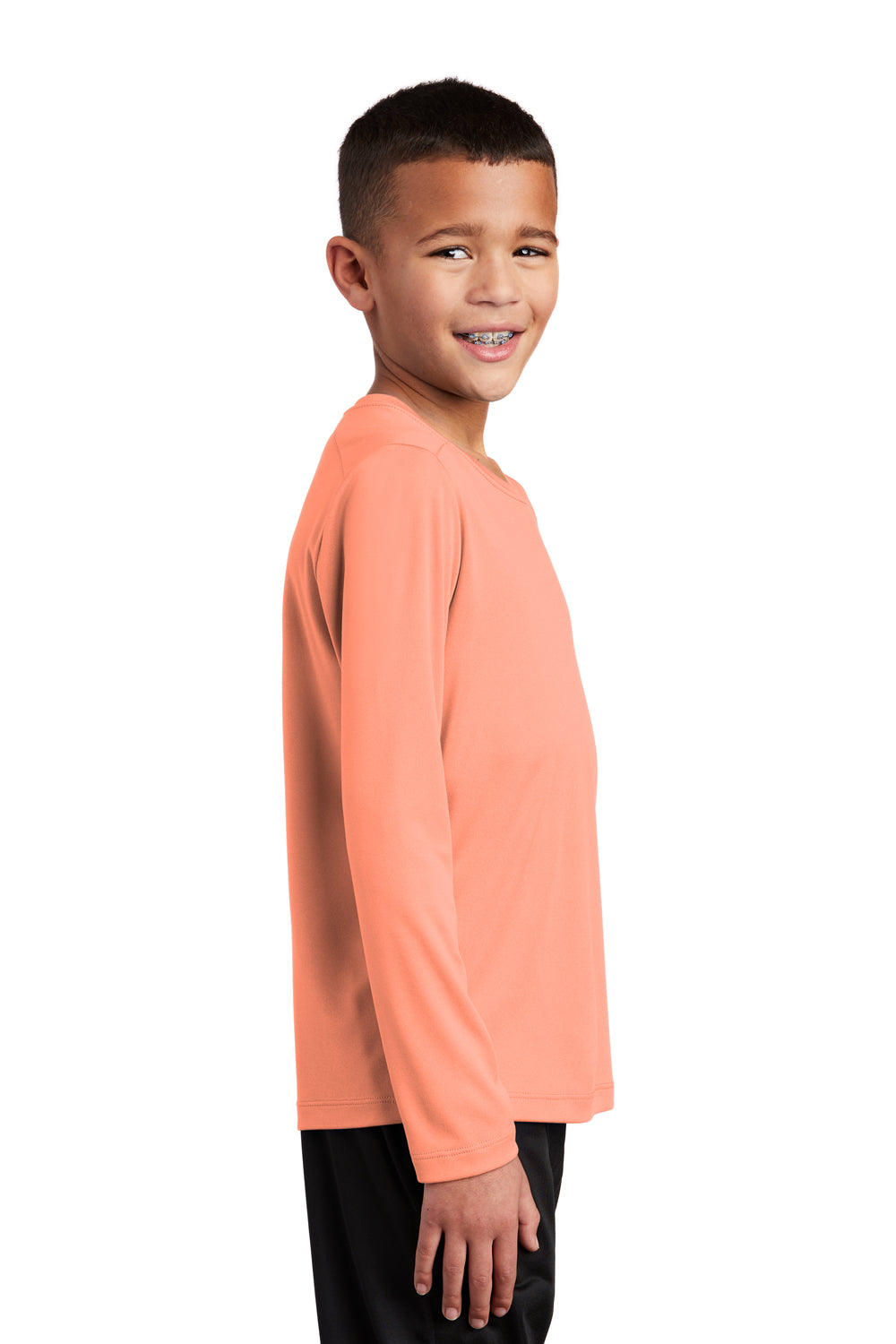 Sport-Tek YST420LS Youth Moisture Wicking Long Sleeve Crewneck T-Shirt Soft Coral Orange Model Side