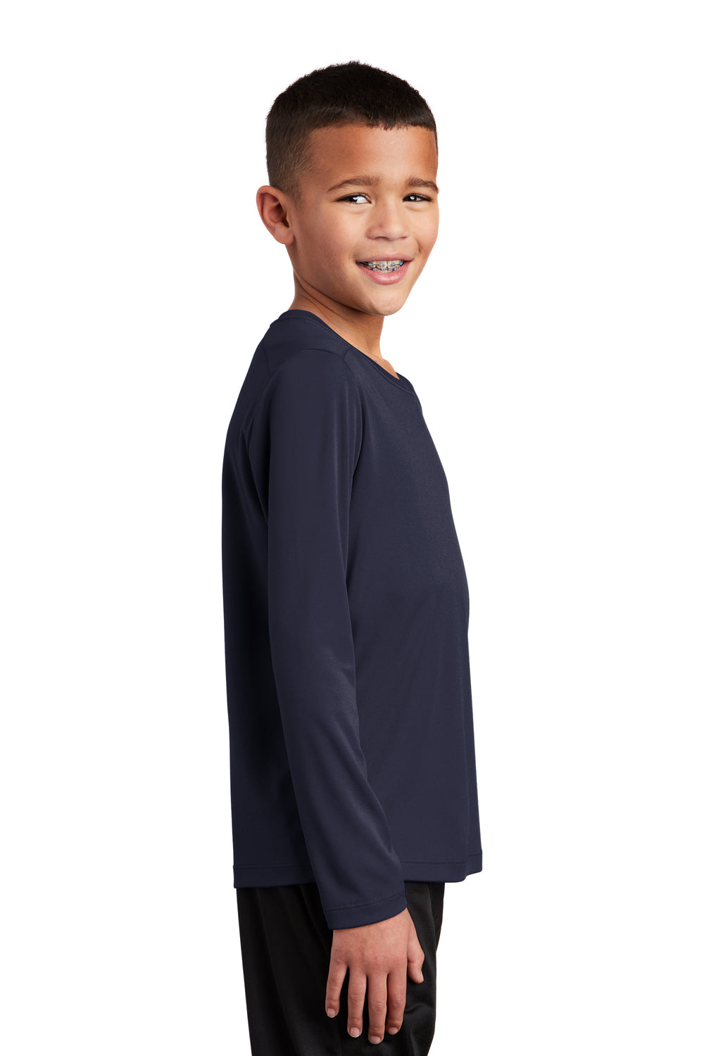 Sport-Tek YST420LS Youth Moisture Wicking Long Sleeve Crewneck T-Shirt True Navy Blue Model Side