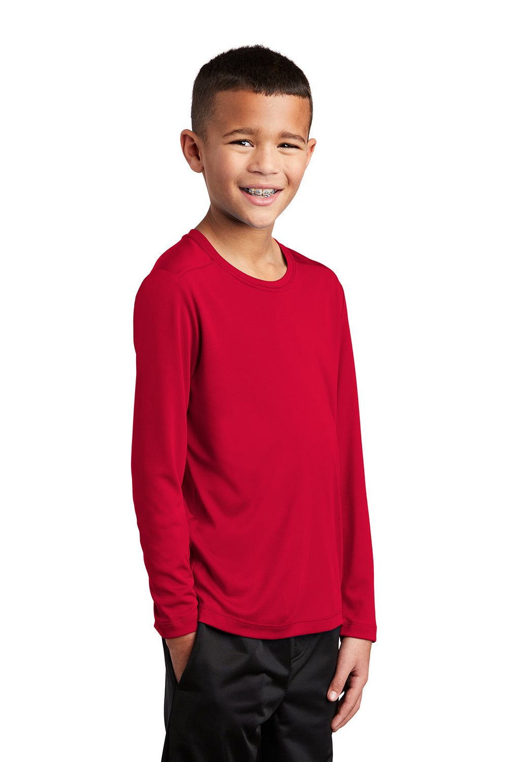 Sport-Tek YST420LS Youth Moisture Wicking Long Sleeve Crewneck T-Shirt True Red Model 3q