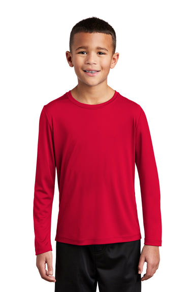 Sport-Tek YST420LS Youth Moisture Wicking Long Sleeve Crewneck T-Shirt True Red Model Front