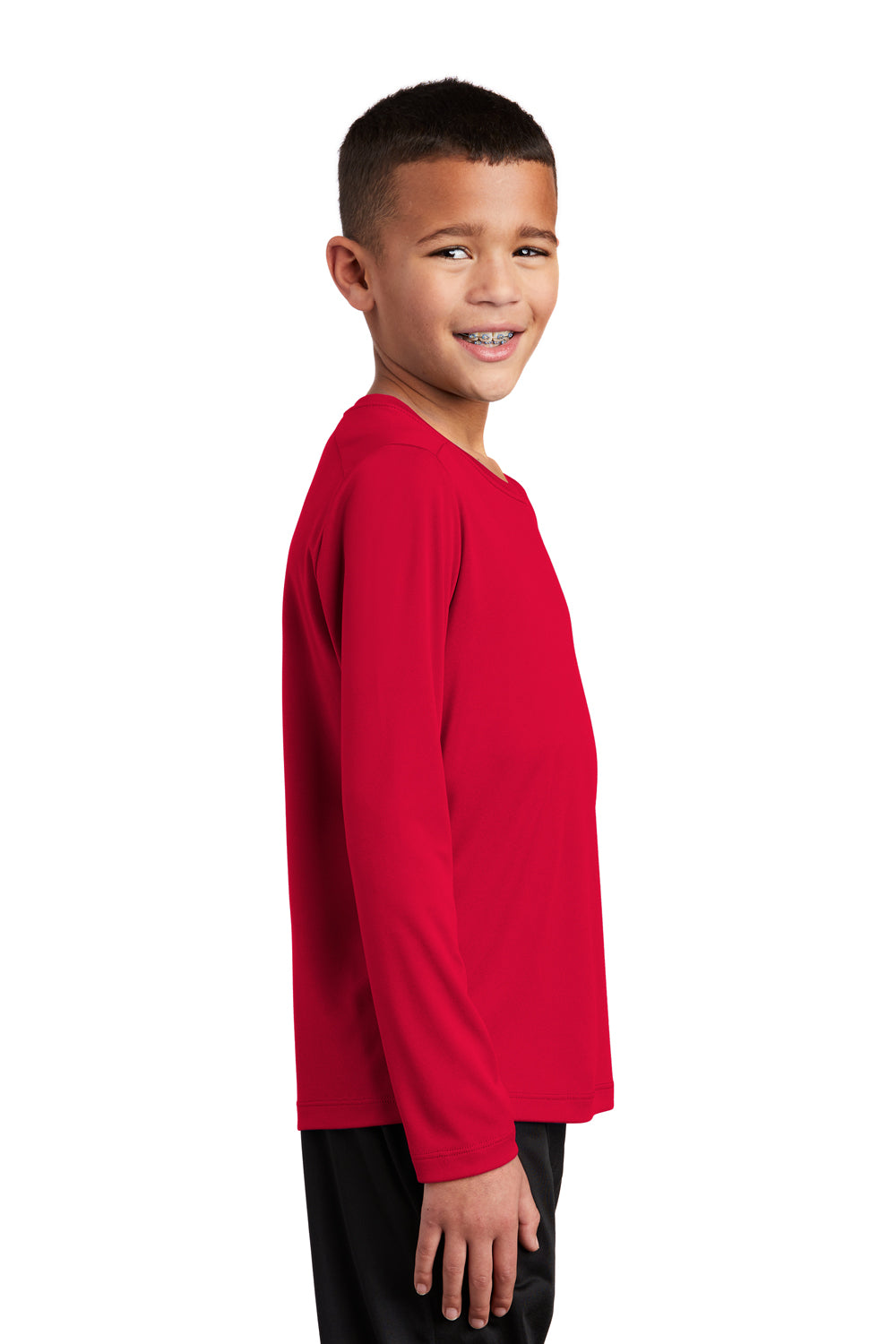 Sport-Tek YST420LS Youth Moisture Wicking Long Sleeve Crewneck T-Shirt True Red Model Side