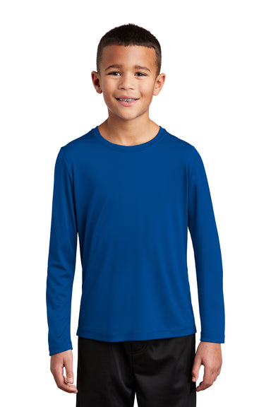 Sport-Tek YST420LS Youth Moisture Wicking Long Sleeve Crewneck T-Shirt True Royal Blue Model Front