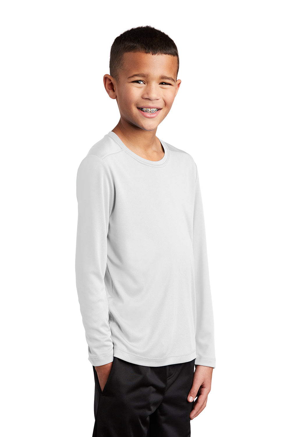 Sport-Tek YST420LS Youth Moisture Wicking Long Sleeve Crewneck T-Shirt White Model 3q