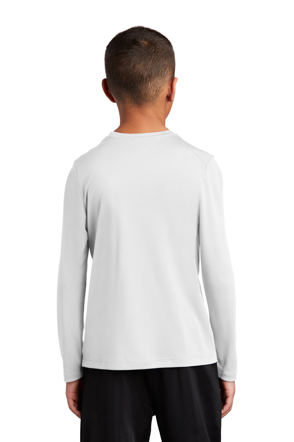 Sport-Tek YST420LS Youth Moisture Wicking Long Sleeve Crewneck T-Shirt White Model Back