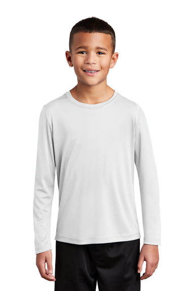 Sport-Tek YST420LS Youth Moisture Wicking Long Sleeve Crewneck T-Shirt White Model Front